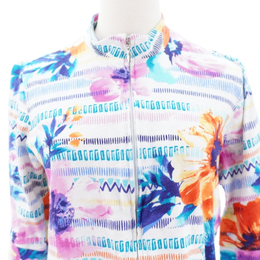 Alfred Dunner Petite PS Women's‎ Floral Striped Print Jacket 3/4 Sleeve Full Zip
